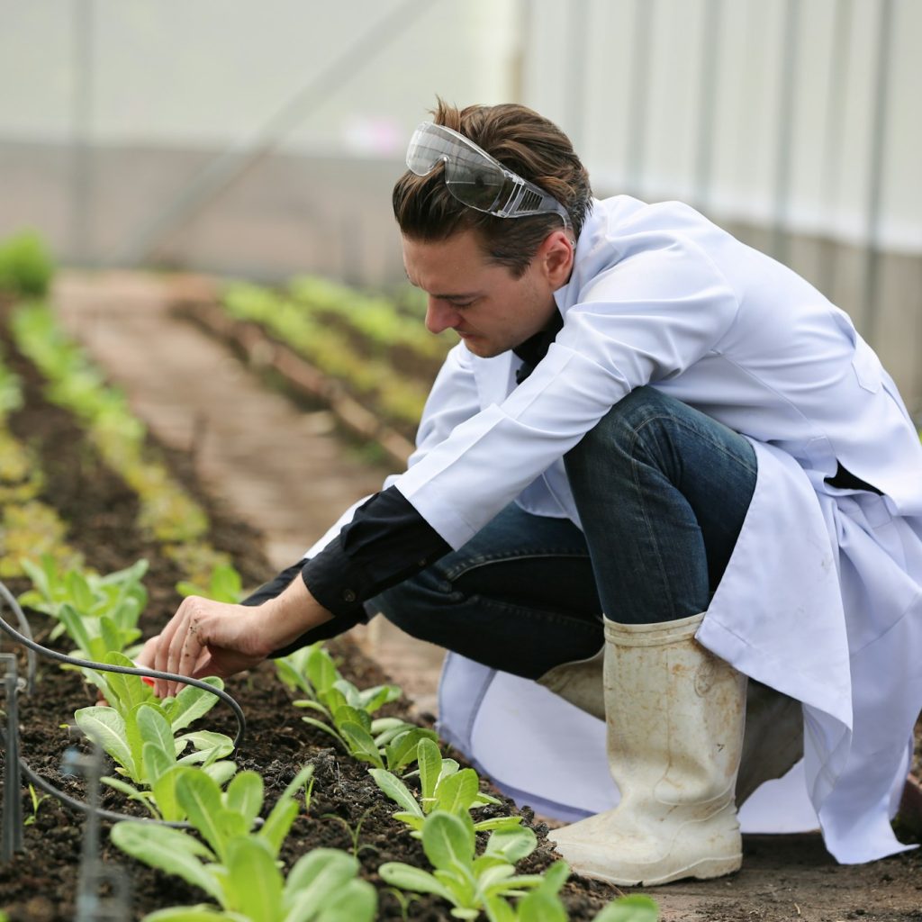 Organic Farmer Eco Agriculture researchers at smart organic farm. Innovative agricultural technology